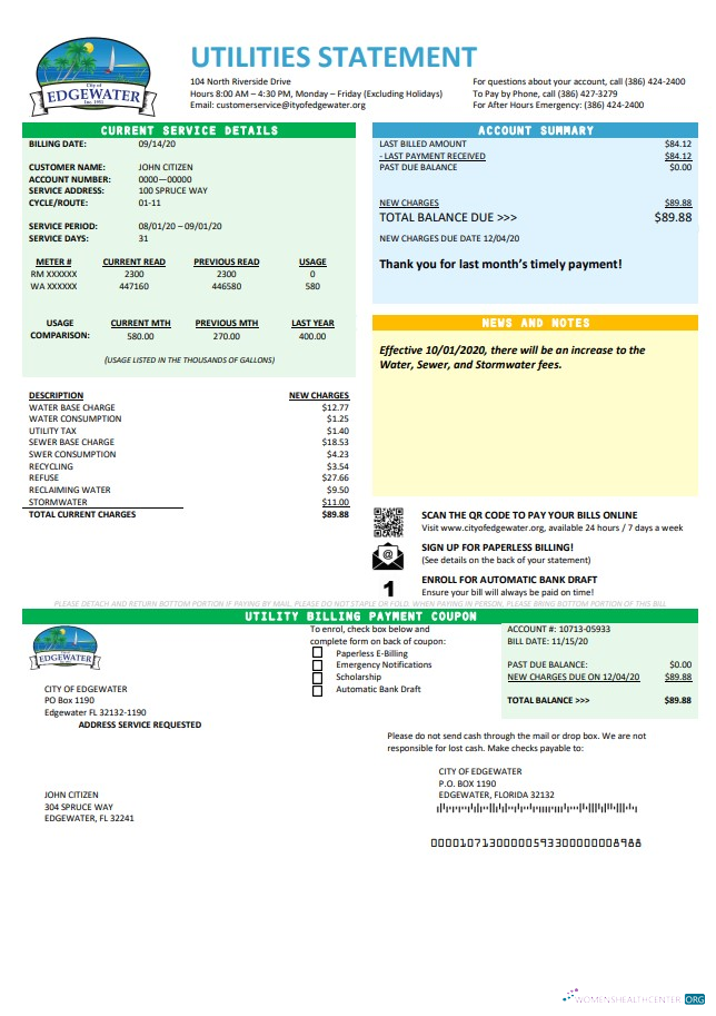 download USA Florida City of Edgewater utility bill template in Word and PDF format PDF template